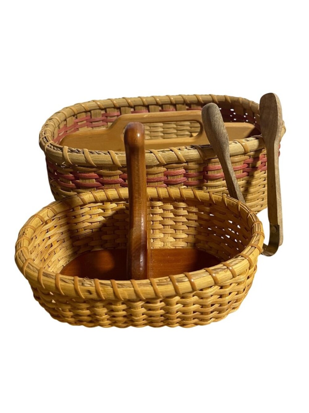 Woven Wicker Wooden Handle Storage Baskets Set Of 2 Rustic Decor VTG 90s Picnic